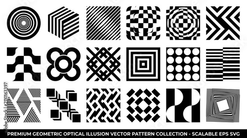Cuadro en lienzo Geometric optical illusion vector pattern collection, black and white op art tex