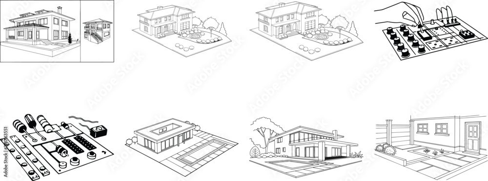 Fototapeta premium Set of black and white line houses and electronics architecture home