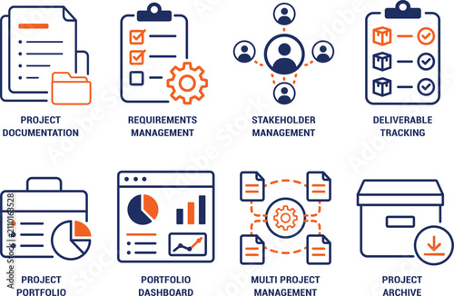 Enterprise Project Management Colored Icons Set Vector, Portfolio Management, Project Documentation, PMO Workflow and Business Operations Collection