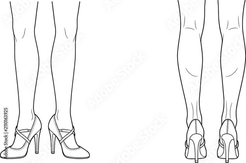 Cuadro en lienzo Line of female legs wearing heel shoes with crisscross straps woman heels footwe