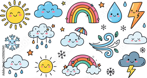 Foto Weather forecast icons set with cute cartoon clouds and rainbows