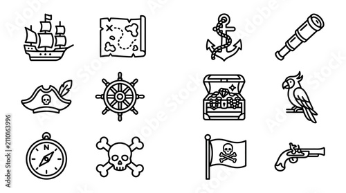 Pirate Icons Collection: Ship, Map, Treasure Chest, Compass, Skull, Parrot