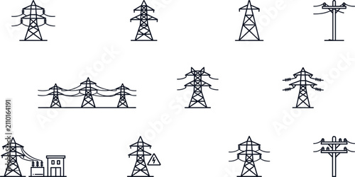 Fotografía Set of black and white depicting various electricity transmission towers pylon p