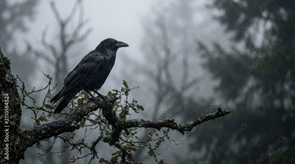 Naklejka premium A solitary black raven perched on a mossy branch in a mysterious foggy forest landscape