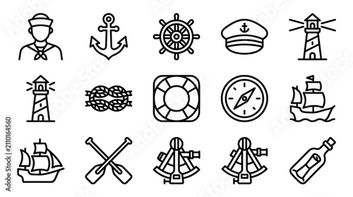 Schilderij op canvas Nautical Icons Set: Sailor, Anchor, Ship Wheel, Compass, Lighthouse, Boat, Oars