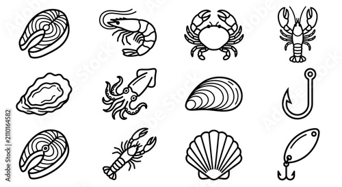 Fotografija Seafood Icons Set: Fish, Shrimp, Crab, Lobster, Oyster, Squid, Mussel, Scallop,