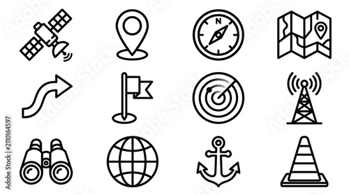 Canvastavla Navigation and Location Icons Set: GPS, Map, Compass, Satellite, Anchor, Radar