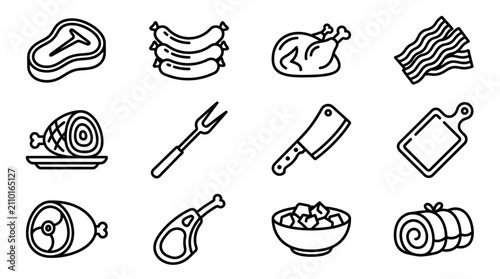 Tableau sur toile Meat Food Icons Set: Steak, Sausages, Chicken, Bacon, Ham, Pork, Butcher Tools,