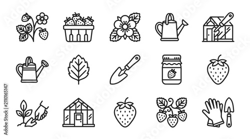 Strawberry Garden Icons: Fruit, Plants, Tools, Greenhouse, Jam, Watering Can, Gloves