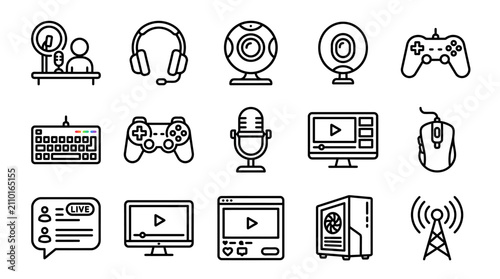 Gaming and Streaming Equipment Icons: Webcam, Microphone, Controller, PC, Headset, Mouse