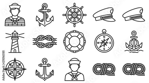 Cuadro en lienzo Nautical Icons Set: Sailor, Anchor, Compass, Lighthouse, Ship Wheel, Rope, Lifeb