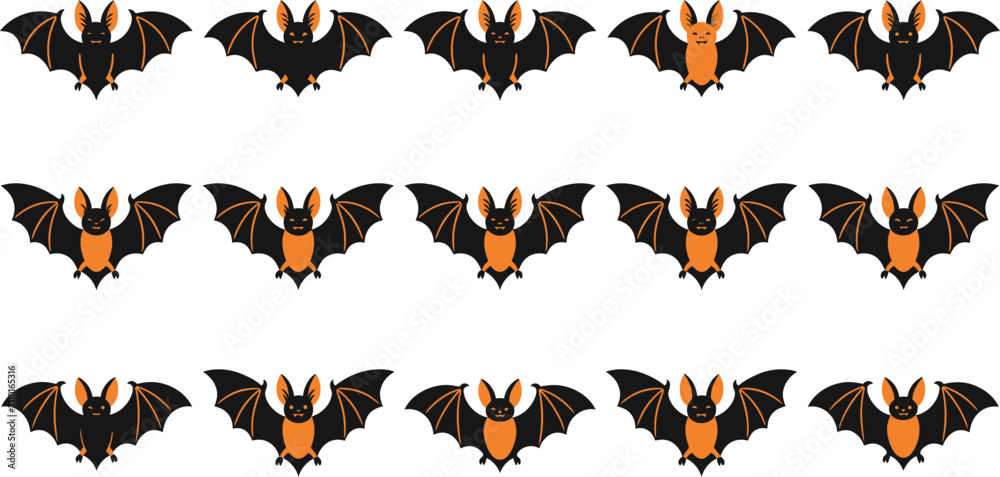 Fototapeta premium Set of halloween bat illustrations featuring pumpkin orange and black colors for festive holiday cat and party decorations