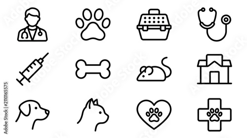 Veterinary Icons Set: Doctor, Paw, Stethoscope, Syringe, Animals, Clinic, Pet Care