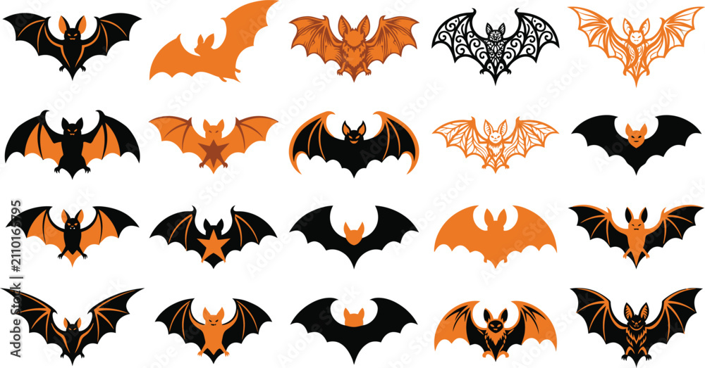 Fototapeta premium Set of halloween bat and cat icons with pumpkin orange and black colors for holiday seasonal decoration