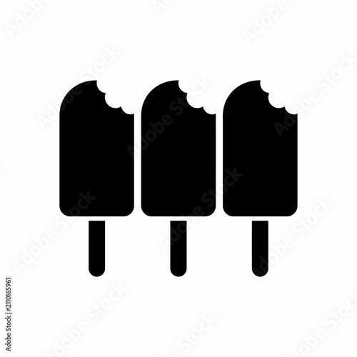 Three bitten popsicles on sticks in a row, a simple black and white icon representing a frozen treat, summer, and dessert