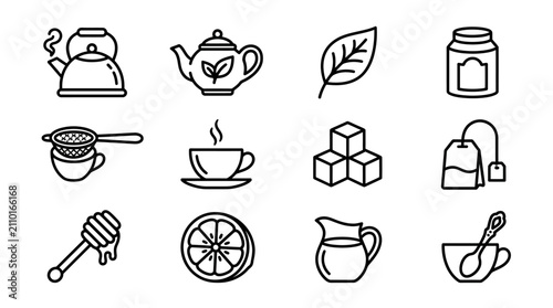 Bild auf Leinwand Tea Time Icons: Kettle, Teapot, Cup, Tea Bag, Lemon, Honey, Sugar Cubes