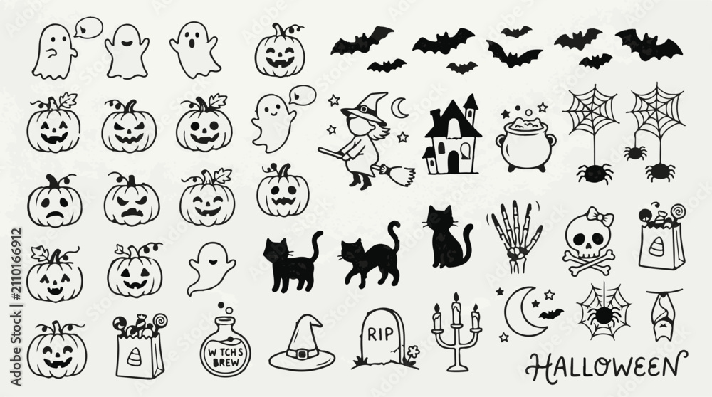 Obraz premium Cute Hand Drawn Halloween Vector Clipart Set - Playful Ghosts, Jack O Lanterns, Black Cats, Flying Witch, and Spooky Doodle Elements