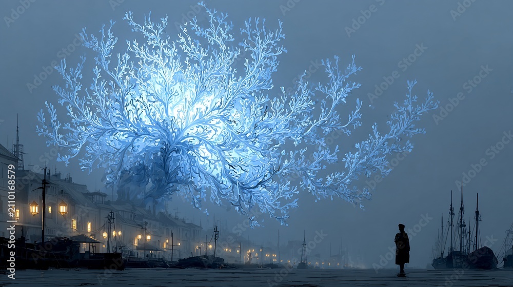 Fototapeta premium Mystical Glowing Tree in a Foggy Harbor Landscape with a solitary figure gazing