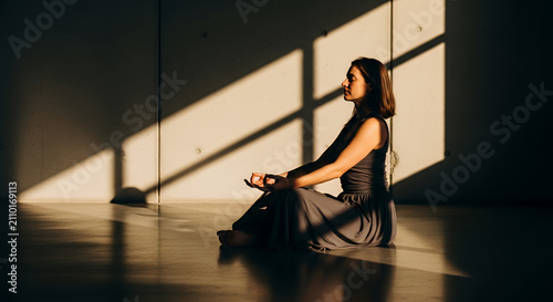 Young woman meditating in sunlight with geometric shadows 