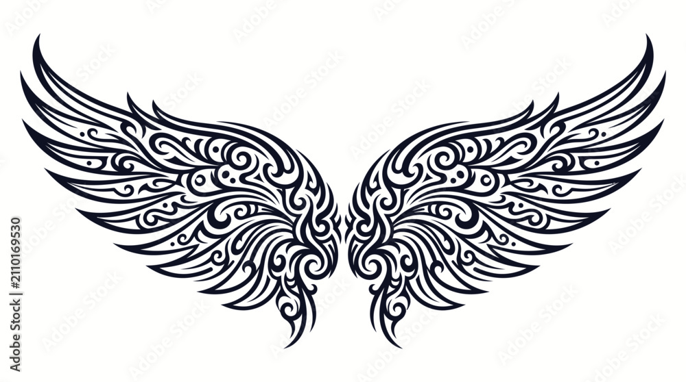 Fototapeta premium Tribal Angel Wings Vector Art Isolated on White Background for Tattoo and Logo Design