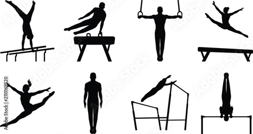 Gymnastics Silhouette Icons Featuring Athletes on Apparatus and Floor Routines