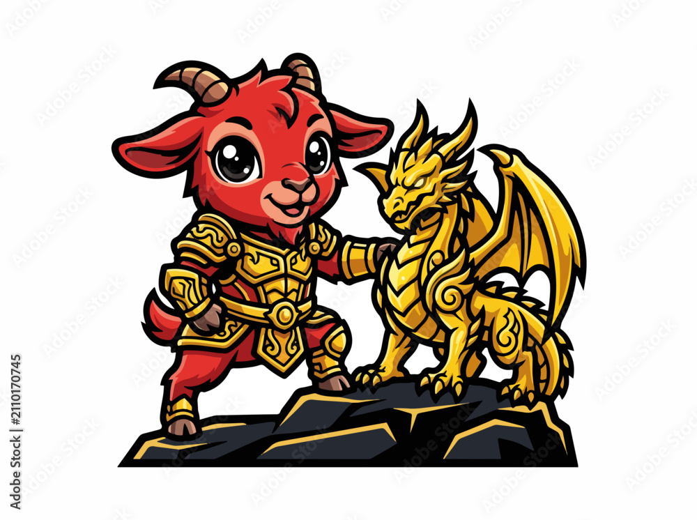 Obraz premium Red goat in golden armor with a dragon statue. Chinese New Year 2027 zodiac mascot. Vector illustration