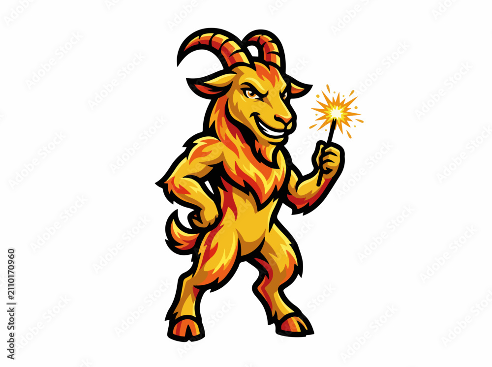 Obraz premium Golden goat mascot with fiery fur holding sparkler. Chinese New Year 2027 celebration concept. Vector illustration isolated on white