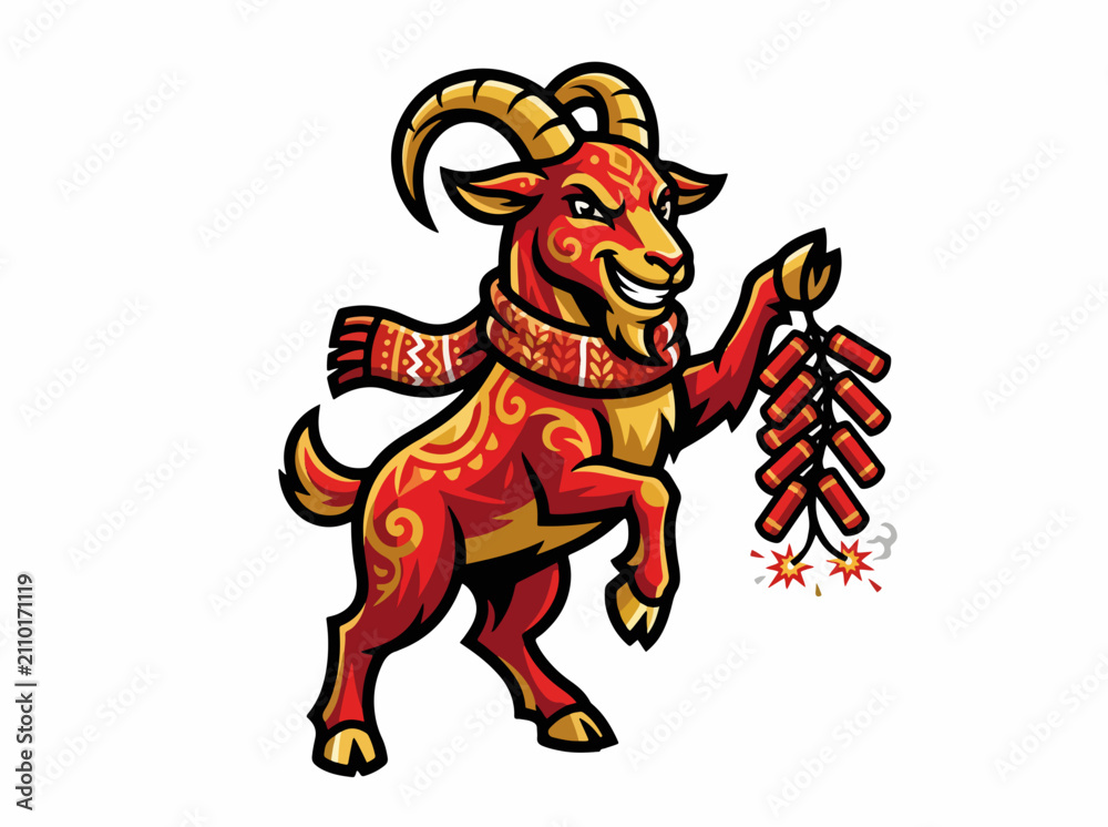 Fototapeta premium Red goat in winter scarf holding lit firecrackers. Festive lunar new year vector illustration