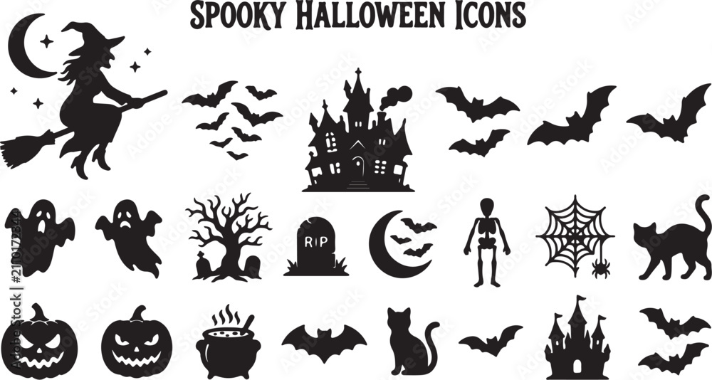 Fototapeta premium Spooky Halloween Icons Vector Silhouette Collection for Horror Party Design