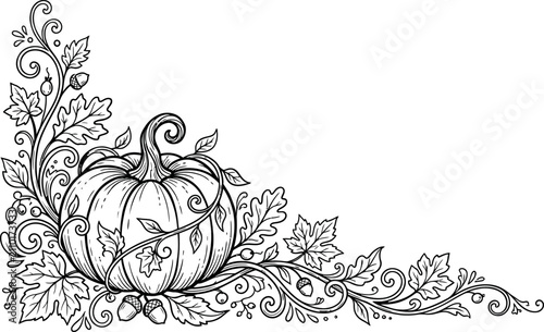 A beautiful black and white line art illustration featuring a central pumpkin surrounded by elegant decorative swirls, oak leaves, and acorns in corner design
