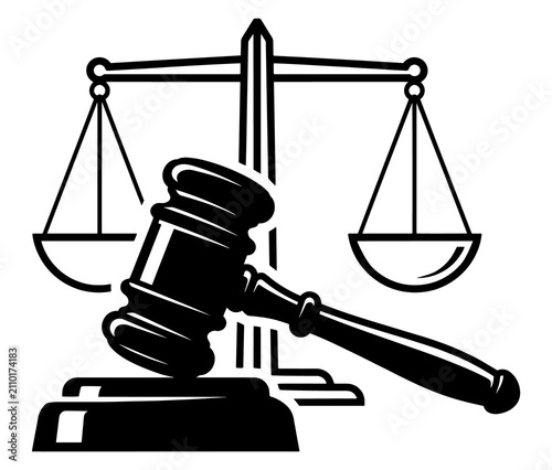 Gavel and scales of justice icon representing law and legal system concept with courtroom, government