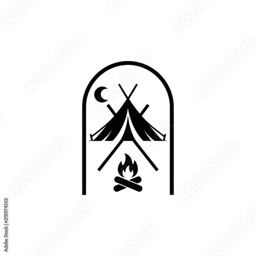 Camping emblem with tent, campfire, and moon. Outdoor adventure logo.