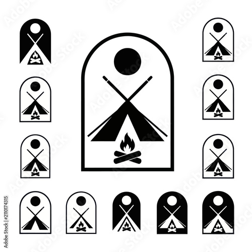 Camping Icon Set: Tent, Campfire, Crossed Poles in Silhouette