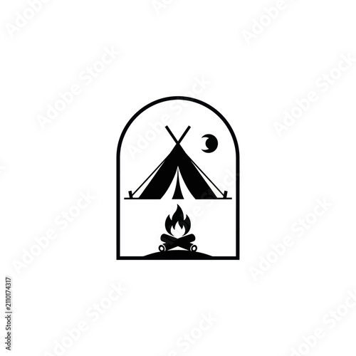 Camping icon silhouette: tent, campfire, moon, night, outdoor adventure