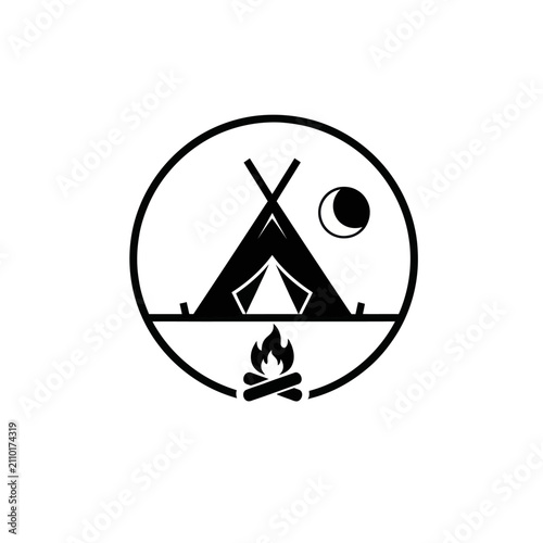 Camping Icon: Teepee Tent, Bonfire, Moon, Night Sky Circle Emblem