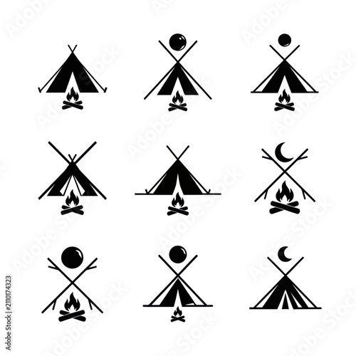 Camping Icon Set: Tents and Campfires - Minimalist Vector Graphics