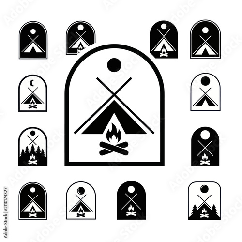 Camping Icon Set: Tent and Campfire Logos, Outdoor Adventure Badges