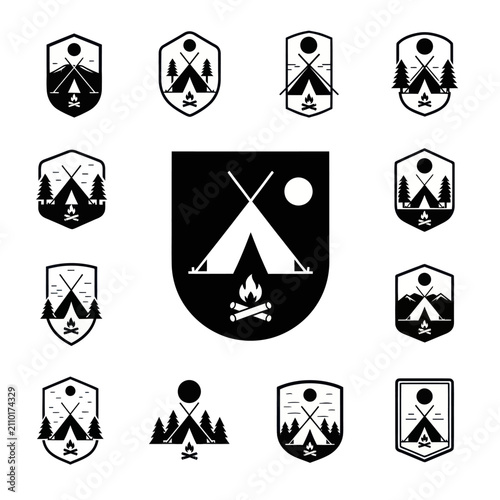 Camping Icon Set: Tent, Campfire, Trees, Mountains, Sun, Moon - Black and White Vector Badges