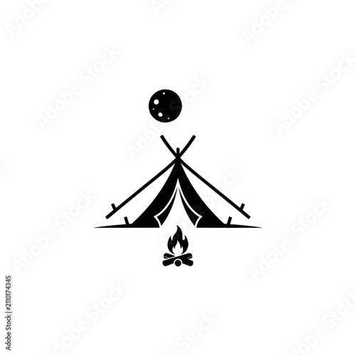 Camping icon: teepee tent, campfire, and moon symbol on white background