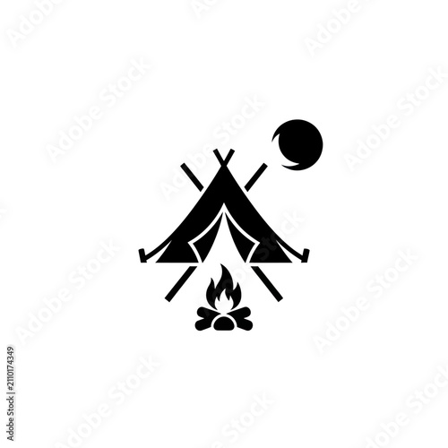 Camping Icon: Tent, Bonfire, and Sun/Moon Symbol