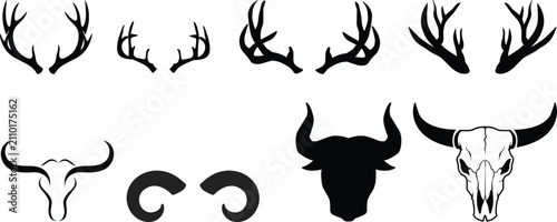 Fotografía animal horns icon set, black animal horn and antler silhouettes featuring variou