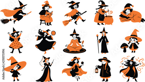 Schilderij op canvas Set of cute cartoon witch characters with pumpkins and broomsticks for halloween