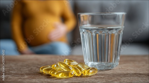 Prenatal vitamin supplements for pregnant woman healthcare concept background with expectant