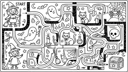 A fun and engaging black and white Halloween themed maze activity sheet featuring a cute witch guiding children through a spooky puzzle to finish