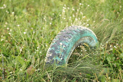 Obraz na płótnie Old painted rubber car tire buried in ground on green lawn