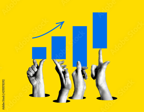 Halftone hands hold sales chart. Teamwork, team results. Competition between colleagues. Managerial rivalry. Financial success. Modern comic collage