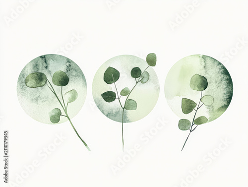 Eucalyptus Branches in Watercolor Circles on White Background