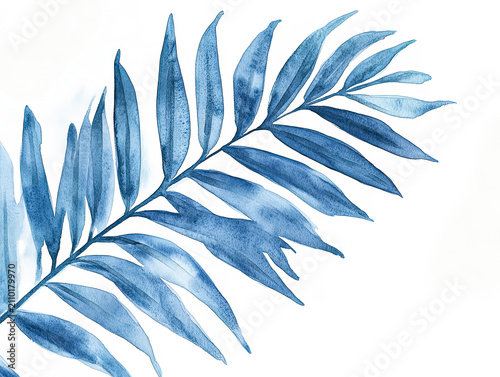 Delicate Palm Leaf in Blue Watercolor on White Background