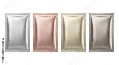 Collection of blank metallic foil cosmetics pouch mockups isolated
