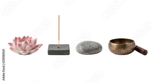 Canvas Print Set of zen meditation accessories and singing bowl isolated
